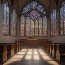 A cyber-organic church in the soft morning light, with light filtering through detailed stained glass windows. The scene is in 36K resolution and extremely detailed, in the style of professional, unedited photography.