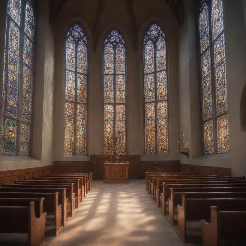 A cyber-organic church in the soft morning light, with light filtering through detailed stained glass windows. The scene is in 36K resolution and extremely detailed, in the style of professional, unedited photography.