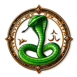 An emblem for an Arab civilization, prominently featuring a striking green cobra as the central symbol