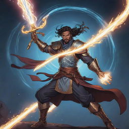 A dynamic comic-style illustration of an RPG Arcane Warrior, his glowing sword raised and surrounded by a whirl of magical energy.