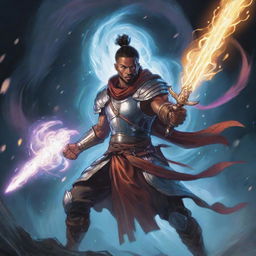 A dynamic comic-style illustration of an RPG Arcane Warrior, his glowing sword raised and surrounded by a whirl of magical energy.