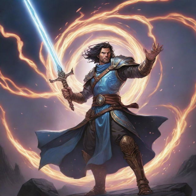 A dynamic comic-style illustration of an RPG Arcane Warrior, his glowing sword raised and surrounded by a whirl of magical energy.