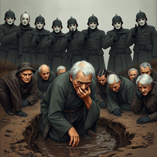 A full-body illustration of an elderly man, his face obscured by the brim of his hat, desperately trying to hide his crying as he kneels in a muddy ditch