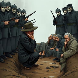 A full-body illustration of an elderly man, his face obscured by the brim of his hat, desperately trying to hide his crying as he kneels in a muddy ditch