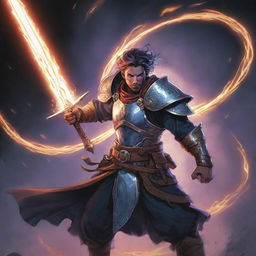 A dynamic comic-style illustration of an RPG Arcane Warrior, his glowing sword raised and surrounded by a whirl of magical energy.