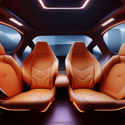 The seats in the rear cabin of a futuristic, state-of-the-art, 4-door SUV that convey plush comfort and groundbreaking design.