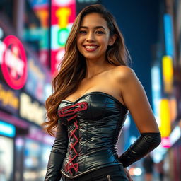 An enchanting young woman confidently posing in a stunningly stylish tight shiny black puffer corset that highlights her curves and enhances her figure