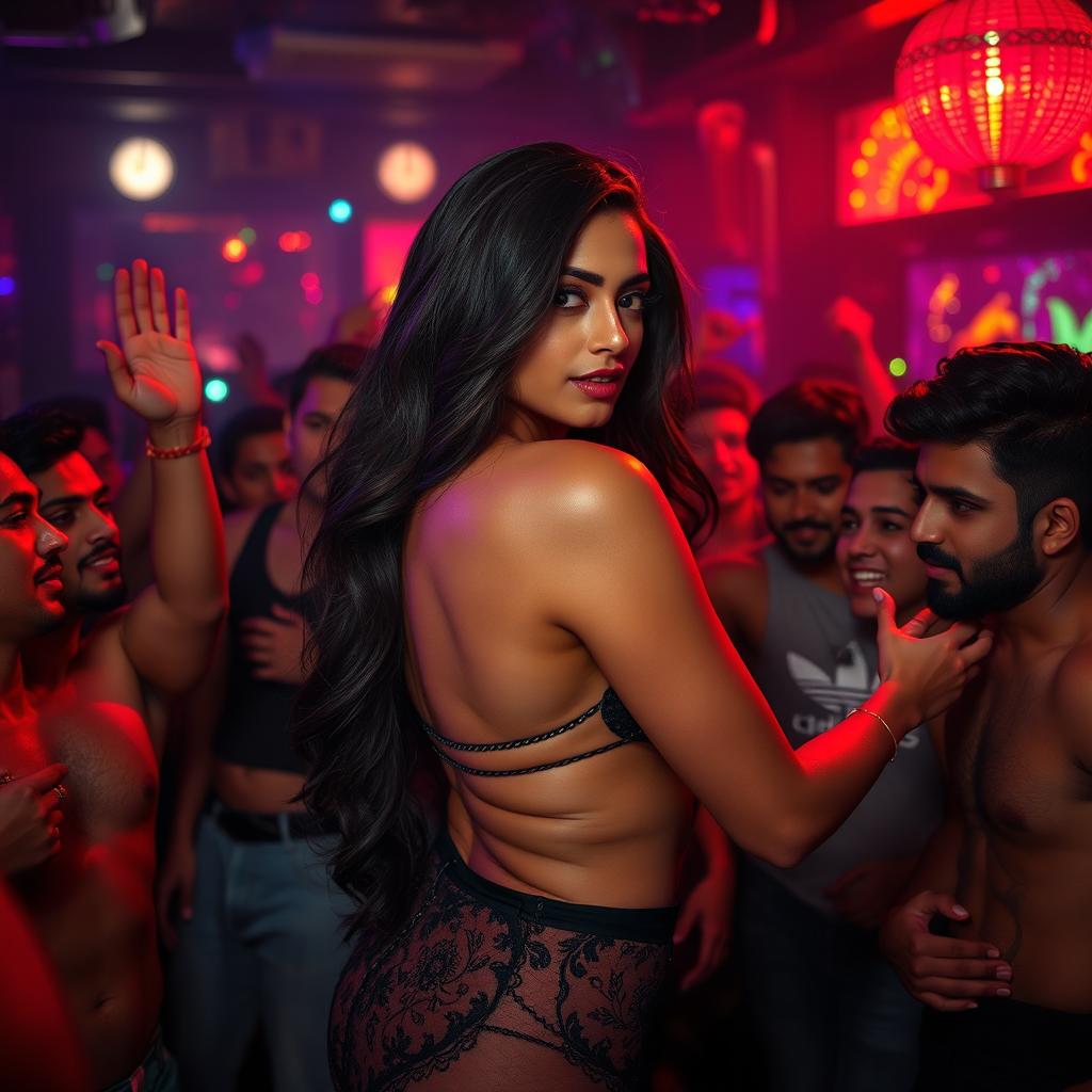 A captivating scene set in a lively nightclub featuring an alluring woman inspired by an Indian actress, showcasing her sensuality and confidence