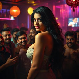 A captivating scene set in a lively nightclub featuring an alluring woman inspired by an Indian actress, showcasing her sensuality and confidence
