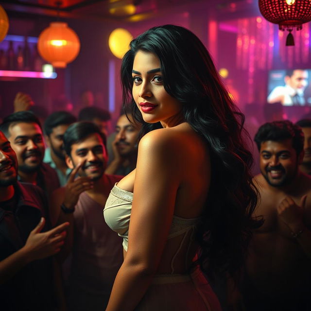 A captivating scene set in a lively nightclub featuring an alluring woman inspired by an Indian actress, showcasing her sensuality and confidence