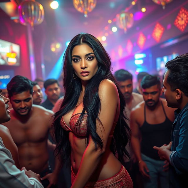 A visually engaging scene set in a bustling nightclub featuring a striking woman inspired by an Indian actress, characterized by her long, dark hair and a voluptuous figure