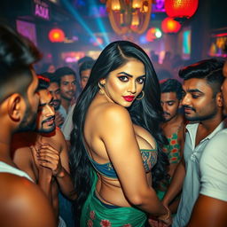 A visually engaging scene set in a bustling nightclub featuring a striking woman inspired by an Indian actress, characterized by her long, dark hair and a voluptuous figure