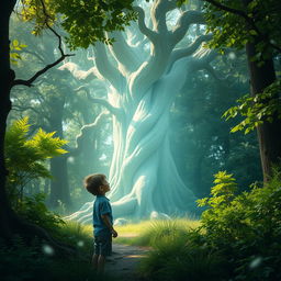 A young boy standing in a mystical forest, gazing in awe at a glowing ancient tree