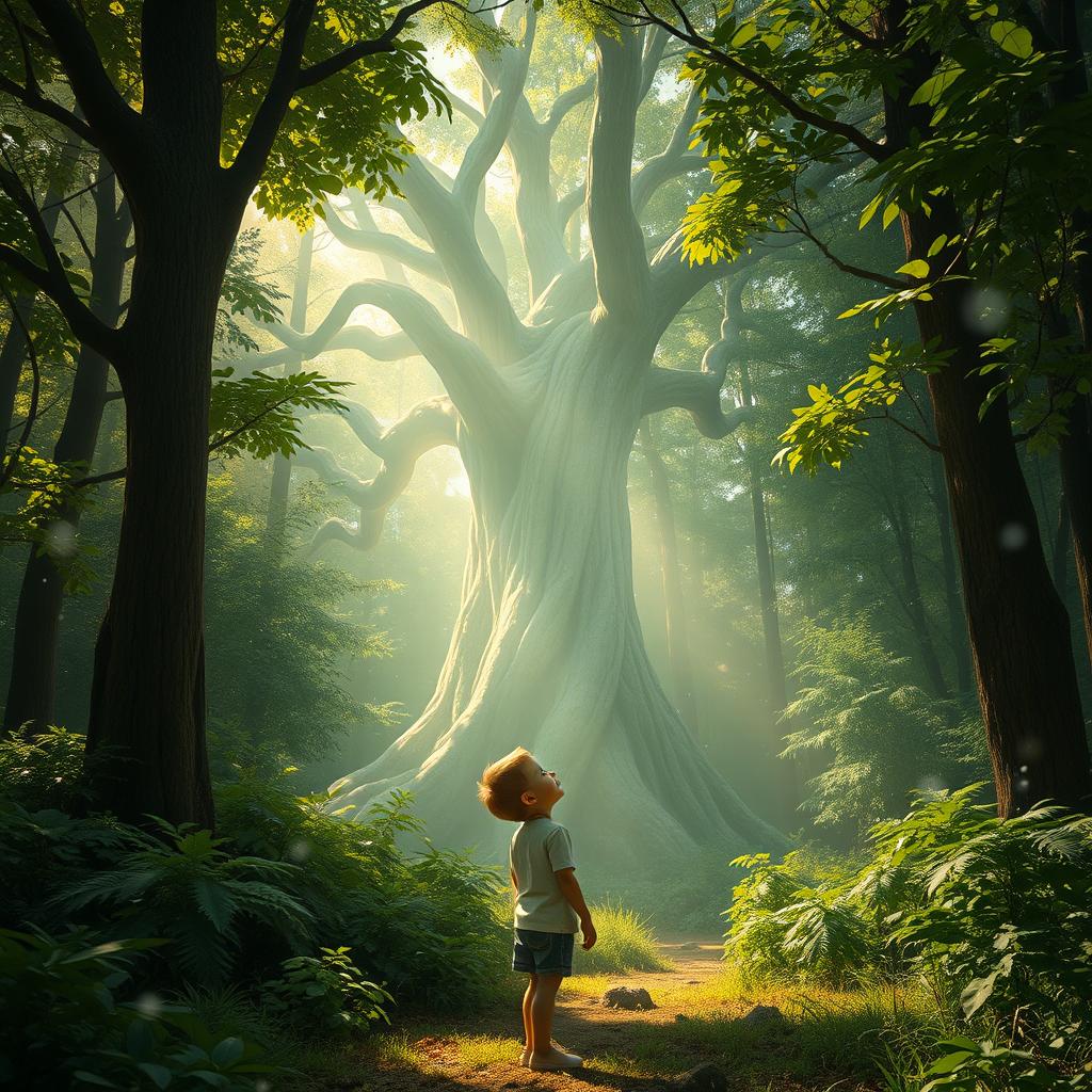 A young boy standing in a mystical forest, gazing in awe at a glowing ancient tree