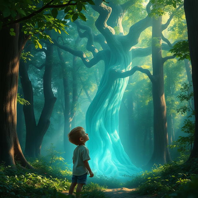 A young boy standing in a mystical forest, gazing in awe at a glowing ancient tree