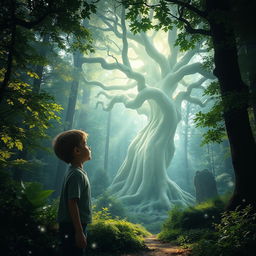 A young boy standing in a mystical forest, gazing in awe at a glowing ancient tree