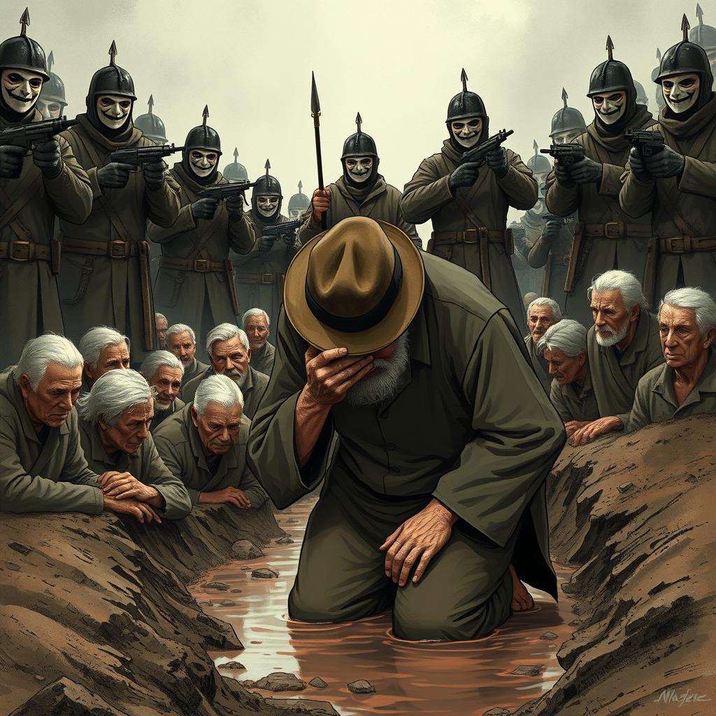 A full-body illustration of an elderly man, his face obscured by the brim of his hat, desperately trying to hide his tears while kneeling in a muddy ditch