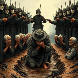 A full-body illustration of an elderly man, his face obscured by the brim of his hat, desperately trying to hide his tears while kneeling in a muddy ditch