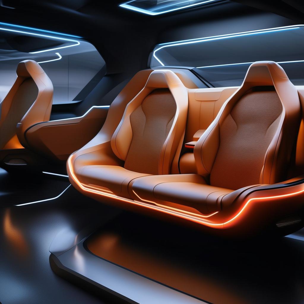 The seats in the rear cabin of a futuristic, state-of-the-art, 4-door SUV that convey plush comfort and groundbreaking design.