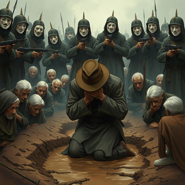 A full-body illustration of an elderly man, his face obscured by the brim of his hat, desperately trying to hide his tears while kneeling in a muddy ditch