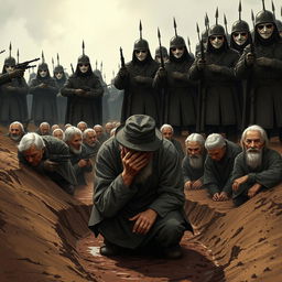 A full-body illustration of an elderly man, his face obscured by the brim of his hat, desperately trying to hide his tears while kneeling in a muddy ditch