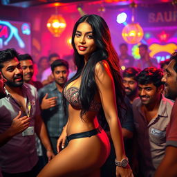 A vibrant and energetic nightclub scene featuring a confident woman resembling an Indian actress, showcasing her alluring figure with long dark hair and attractive curves