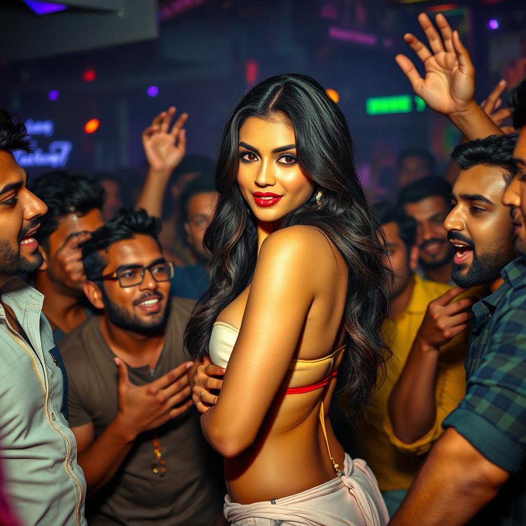 A vibrant and energetic nightclub scene featuring a confident woman resembling an Indian actress, showcasing her alluring figure with long dark hair and attractive curves