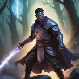 A comic-based illustration depicting a RPG arcane warrior with magical aura glowing around his weapon in a fantasy environment.