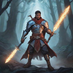 A comic-based illustration depicting a RPG arcane warrior with magical aura glowing around his weapon in a fantasy environment.