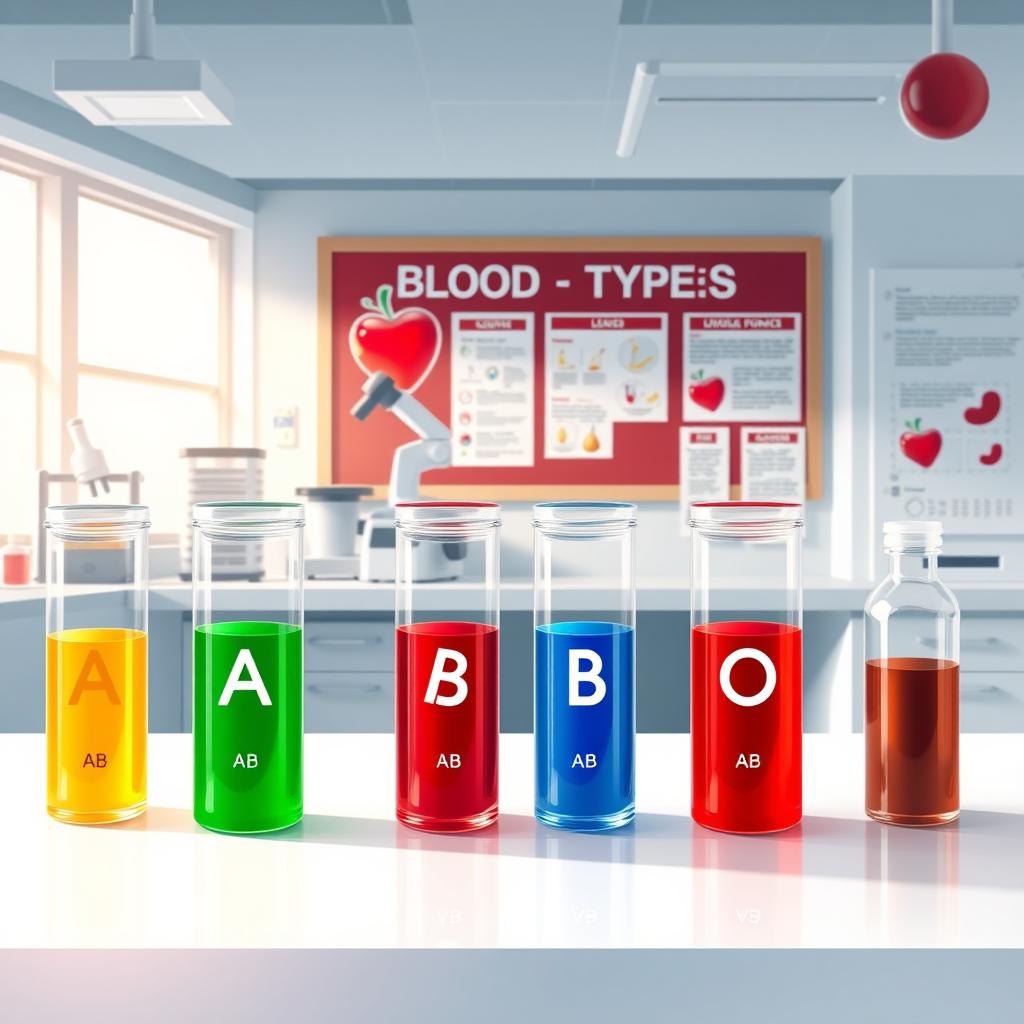 A detailed artistic representation of various blood types in a laboratory setting