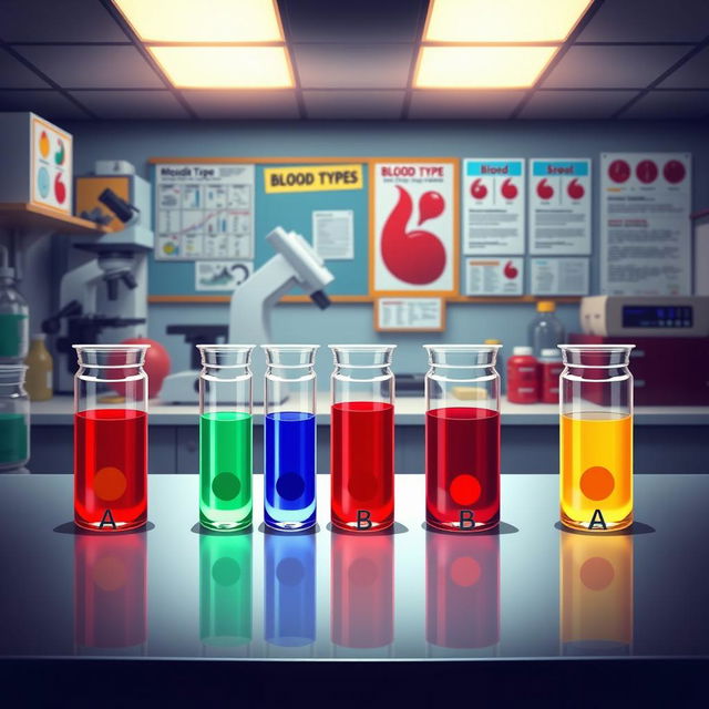 A detailed artistic representation of various blood types in a laboratory setting