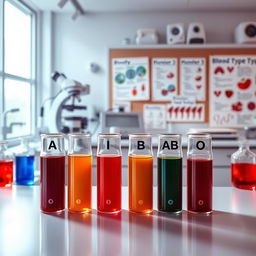 A detailed artistic representation of various blood types in a laboratory setting