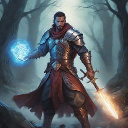 A comic-based illustration depicting a RPG arcane warrior with magical aura glowing around his weapon in a fantasy environment.