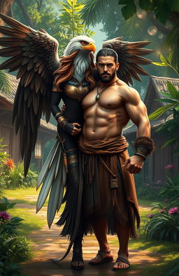 In a serene village surrounded by lush greenery, a strong and muscular man stands proudly, showcasing his robust physique