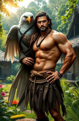 In a serene village surrounded by lush greenery, a strong and muscular man stands proudly, showcasing his robust physique