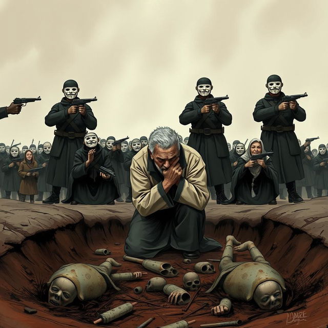 A full-body illustration of an elderly man, his face obscured by the brim of his hat, desperately trying to hide his tears as he kneels in a muddy ditch atop a grim scene of corpses