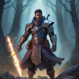 A comic-based illustration depicting a RPG arcane warrior with magical aura glowing around his weapon in a fantasy environment.