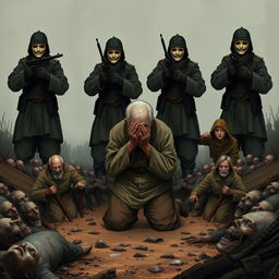 A full-body illustration of an elderly man, his face obscured by the brim of his hat, desperately trying to hide his tears as he kneels in a muddy ditch atop a grim scene of corpses