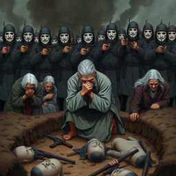 A full-body illustration of an elderly man, his face obscured by the brim of his hat, desperately trying to hide his tears as he kneels in a muddy ditch atop a grim scene of corpses