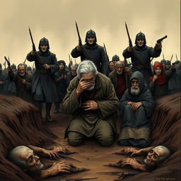 A full-body illustration of an elderly man, his face obscured by the brim of his hat, desperately trying to hide his tears as he kneels in a muddy ditch atop a grim scene of corpses