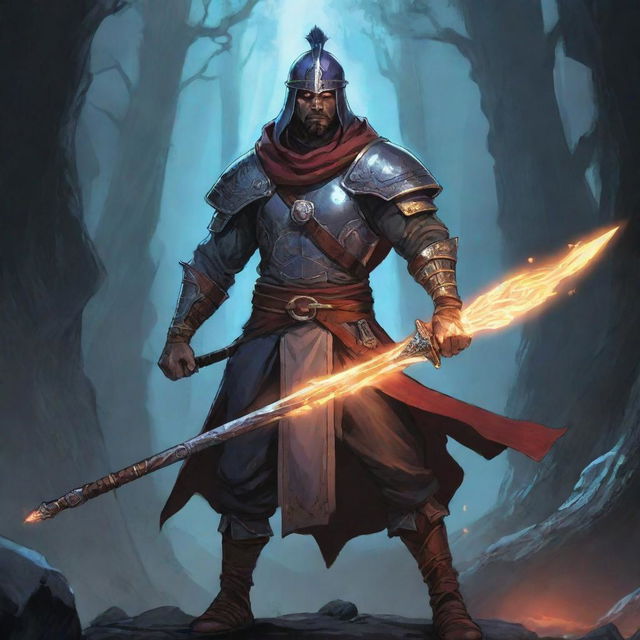 A comic-style illustration of a RPG Arcane Warrior, his weapon imbued with glowing energy, readying for combat in a mystical setting.