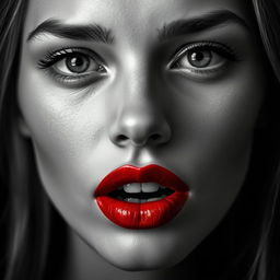 A striking black and white portrait of a female face, capturing delicate facial features with expressive eyes, but with a bold twist: her lips are vividly painted in bright blood red, creating a stark contrast against the monochrome palette