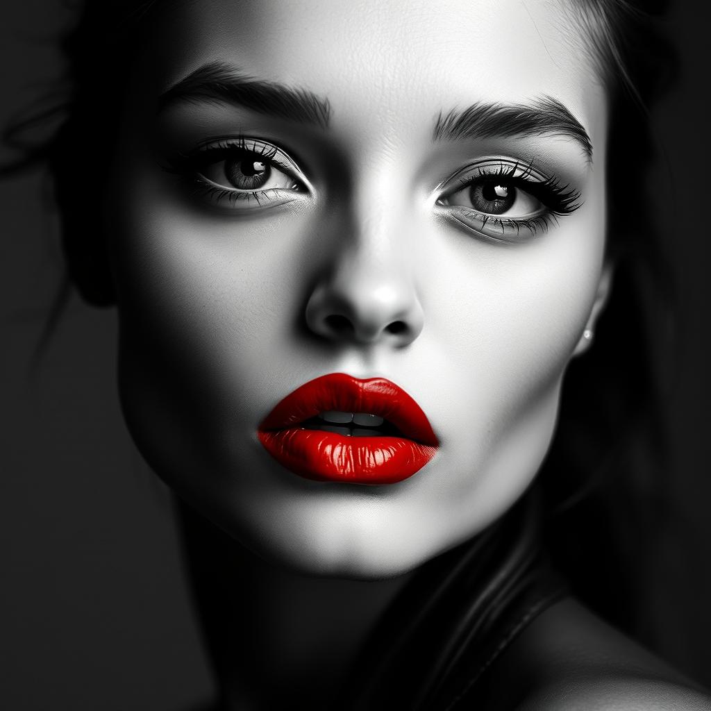 A striking black and white portrait of a female face, capturing delicate facial features with expressive eyes, but with a bold twist: her lips are vividly painted in bright blood red, creating a stark contrast against the monochrome palette