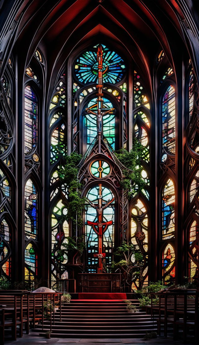 A 36K HD photograph capturing a cyber-organic church bathed in soft morning light filtering through detailed stained glass windows. The unedited image showcases a blend of nature and technology in its architecture.