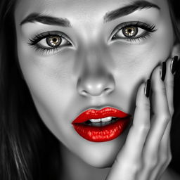 A striking black and white portrait of a female face, capturing delicate facial features with expressive eyes, but with a bold twist: her lips are vividly painted in bright blood red, creating a stark contrast against the monochrome palette