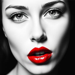 A striking black and white portrait of a female face, capturing delicate facial features with expressive eyes, but with a bold twist: her lips are vividly painted in bright blood red, creating a stark contrast against the monochrome palette