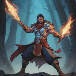 A comic-style illustration of a RPG Arcane Warrior, his weapon imbued with glowing energy, readying for combat in a mystical setting.