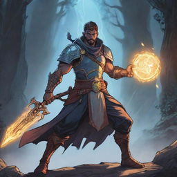 A comic-style illustration of a RPG Arcane Warrior, his weapon imbued with glowing energy, readying for combat in a mystical setting.