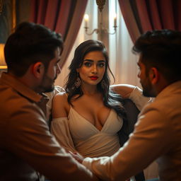 An intimate and alluring scene featuring a woman inspired by an Indian actress, showcasing her beauty and confidence in a sensuous setting