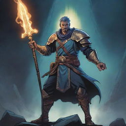 A comic-style illustration of a RPG Arcane Warrior, his weapon imbued with glowing energy, readying for combat in a mystical setting.